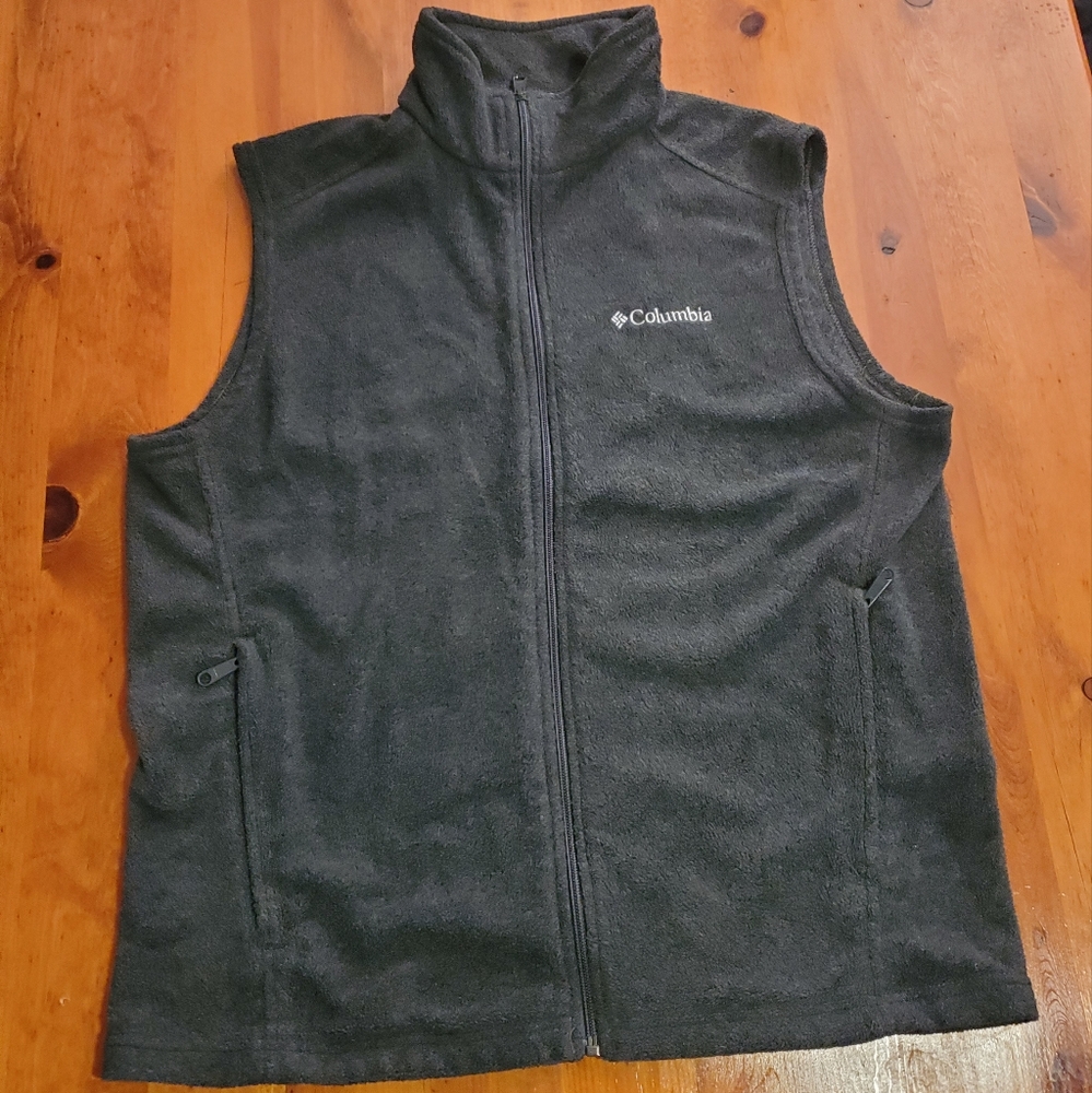 Columbia Mens Charcoal Grey Fleece Vest Full Zipper Pockets Preppy Warm Size M